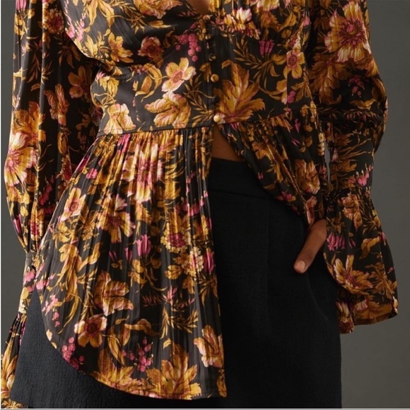 ANTHROPOLOGIE Croset Black Floral Deep V Neck Button Blouse Tunic XS NWT - Picture 10 of 11